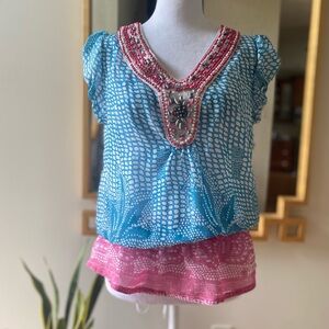 Feline beaded blouse top with elastic waist and peplum blue pink